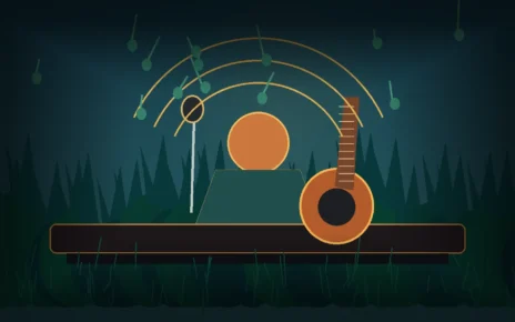 Ilustración editorial de un músico con guitarra eléctrica y micrófono frente a un paisaje amazónico