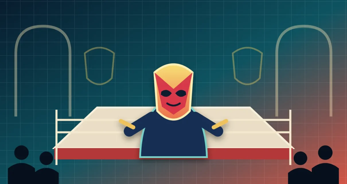 Ilustración de un luchador enmascarado dentro de un cuadrilátero frente a una audiencia.