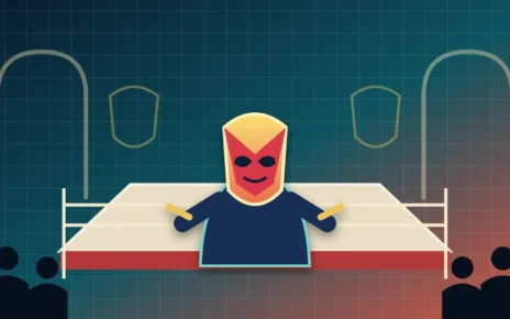 Ilustración de un luchador enmascarado dentro de un cuadrilátero frente a una audiencia.
