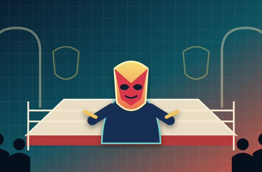 Ilustración de un luchador enmascarado dentro de un cuadrilátero frente a una audiencia.