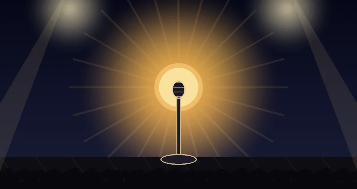 Micrófono de pie bajo luces cálidas de escenario, con un sol estilizado de fondo y siluetas de público, en una ilustración editorial sobre una gira de conciertos