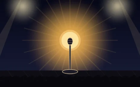 Micrófono de pie bajo luces cálidas de escenario, con un sol estilizado de fondo y siluetas de público, en una ilustración editorial sobre una gira de conciertos