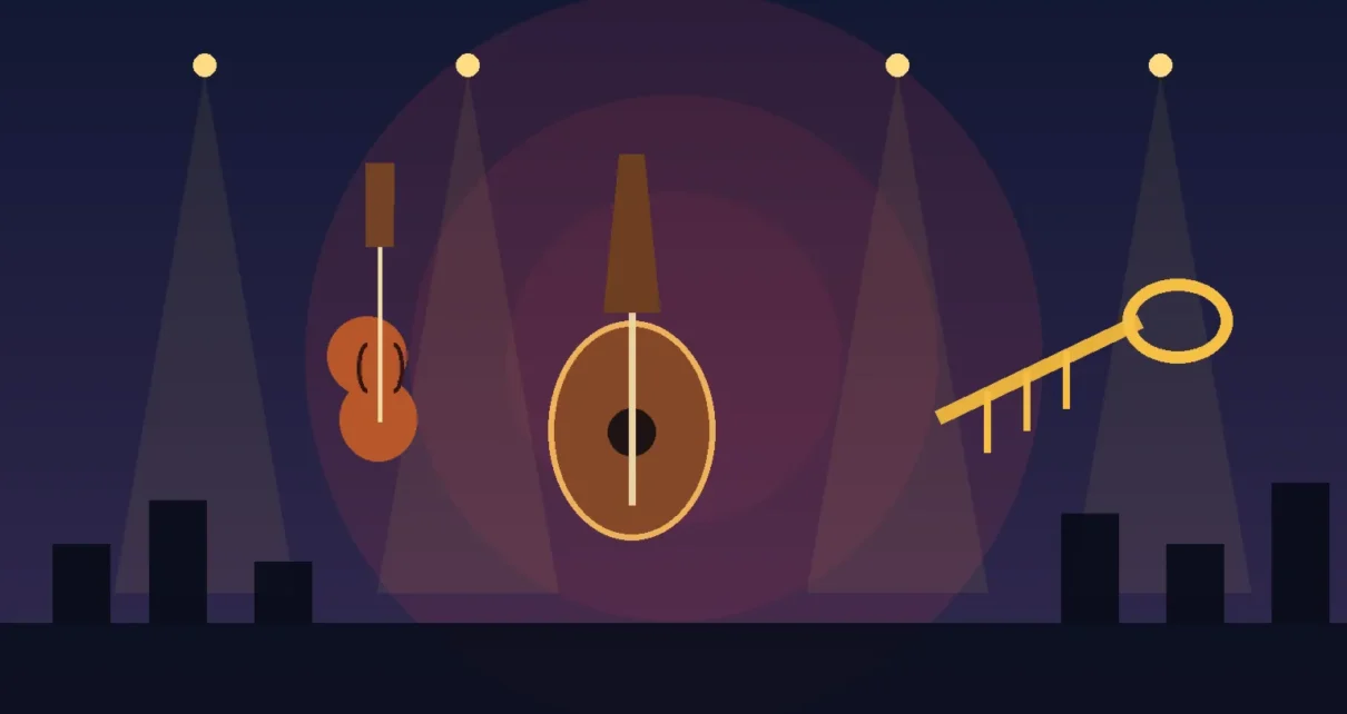 Instrumentos de mariachi iluminados en un escenario inspirado en Los Ángeles