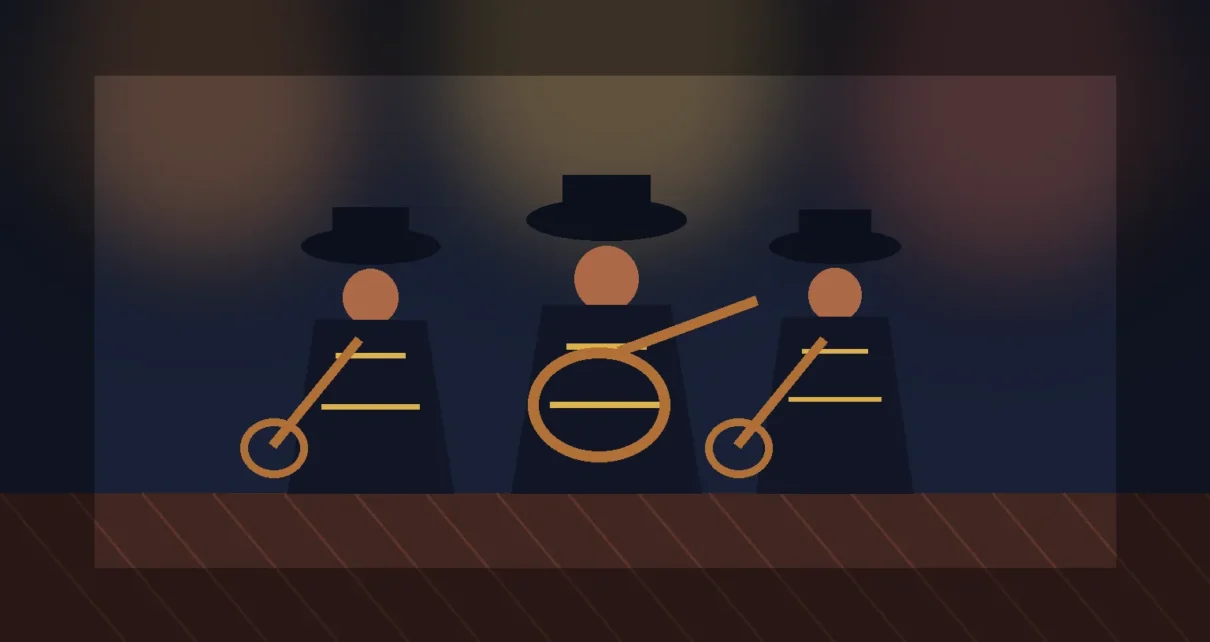 Ilustración de músicos de mariachi en un escenario iluminado