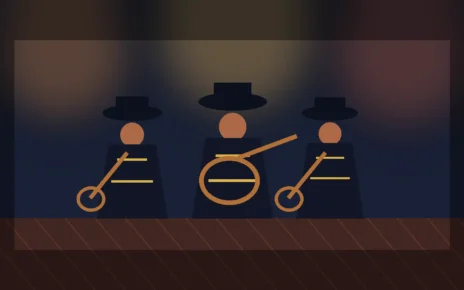 Ilustración de músicos de mariachi en un escenario iluminado