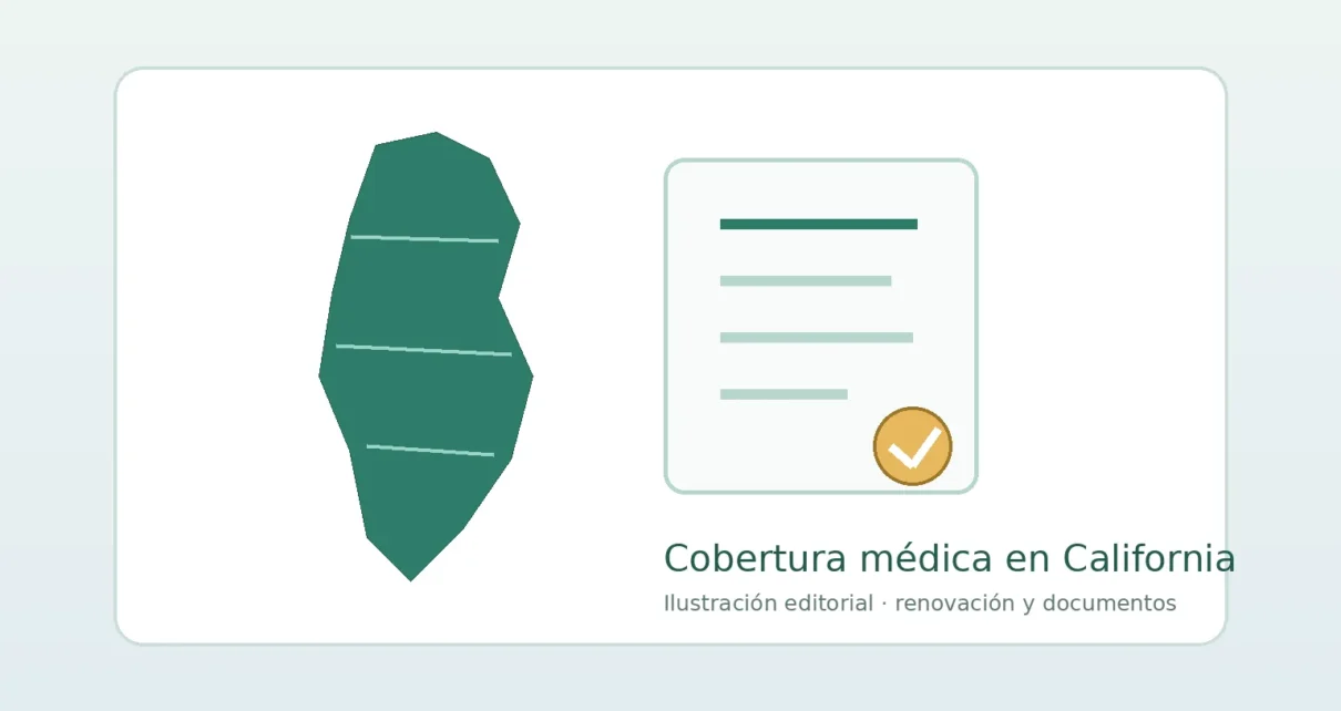 Ilustración de California junto a un documento con una marca de verificación sobre la renovación de cobertura médica