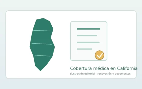 Ilustración de California junto a un documento con una marca de verificación sobre la renovación de cobertura médica