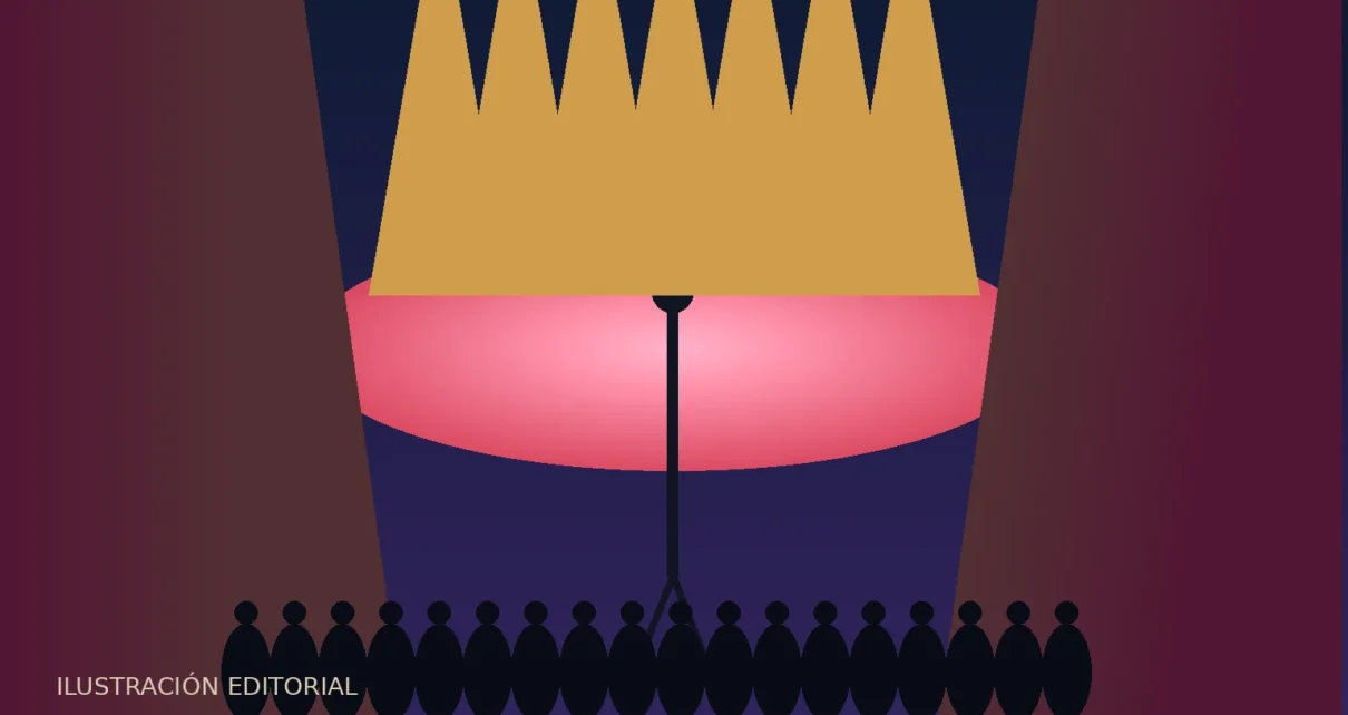 Ilustración de un escenario con micrófono, luces cálidas y siluetas de público para una gira musical