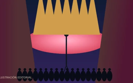 Ilustración de un escenario con micrófono, luces cálidas y siluetas de público para una gira musical