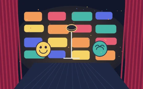 Micrófono y máscaras teatrales sobre un escenario iluminado, en una ilustración colorida de comedia de improvisación