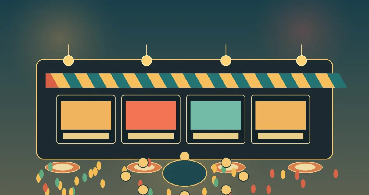 Ilustración editorial de un mercado comunitario con puestos de comida, luces cálidas y elementos de arte en South Los Ángeles