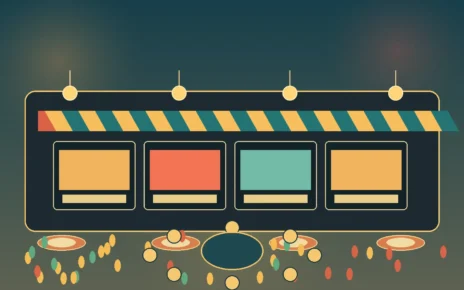 Ilustración editorial de un mercado comunitario con puestos de comida, luces cálidas y elementos de arte en South Los Ángeles