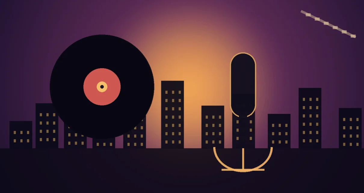 Ilustración editorial con un disco de vinilo, un micrófono y un paisaje urbano nocturno