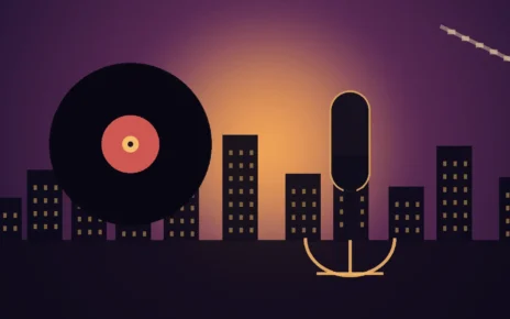 Ilustración editorial con un disco de vinilo, un micrófono y un paisaje urbano nocturno