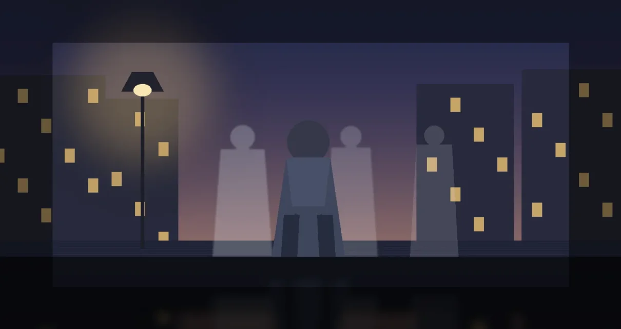Ilustración editorial: una mujer mayor camina de noche por una calle de barrio porteño, con siluetas apenas visibles detrás de ella