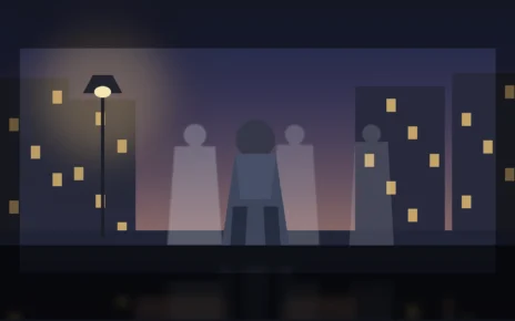 Ilustración editorial: una mujer mayor camina de noche por una calle de barrio porteño, con siluetas apenas visibles detrás de ella