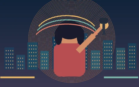 Ilustración editorial de una figura con micrófono frente a un paisaje urbano y ondas de color