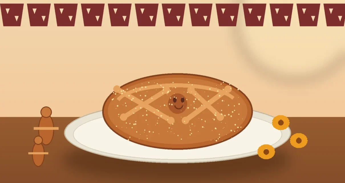 Pan de muerto redondo sobre un plato, acompañado de panes regionales y flores de cempasúchil