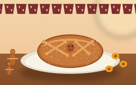 Pan de muerto redondo sobre un plato, acompañado de panes regionales y flores de cempasúchil