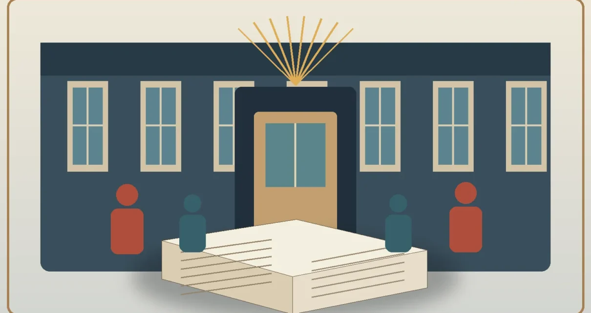 Ilustración de una escuela californiana, documentos históricos y siluetas familiares sobre un fondo cálido