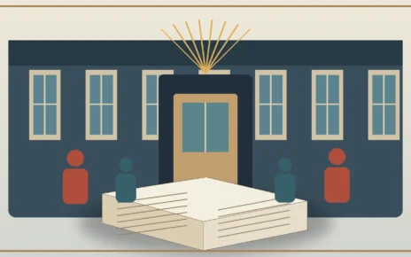 Ilustración de una escuela californiana, documentos históricos y siluetas familiares sobre un fondo cálido