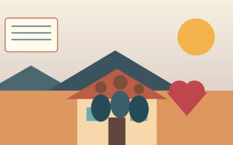 Ilustración de una familia frente a una casa en California y un documento de solicitud