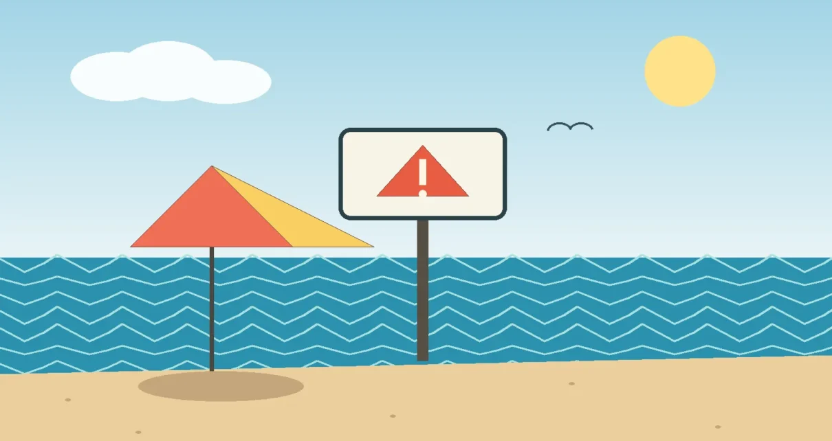 Ilustración de una playa con señal de advertencia por calidad del agua