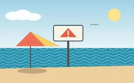Ilustración de una playa con señal de advertencia por calidad del agua