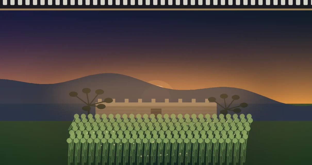 Ilustración editorial de un cañaveral al atardecer con una fortificación de piedra colonial en el horizonte, palmeras a ambos lados y una banda de película en el borde superior.