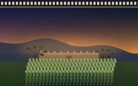 Ilustración editorial de un cañaveral al atardecer con una fortificación de piedra colonial en el horizonte, palmeras a ambos lados y una banda de película en el borde superior.