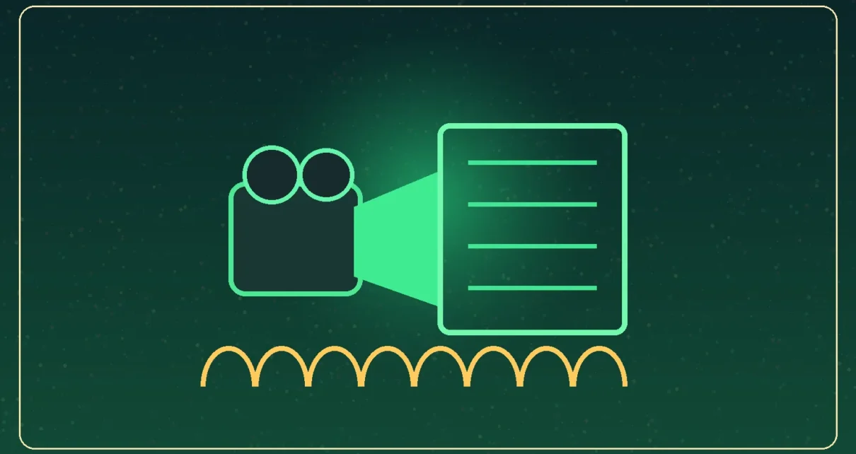 Ilustración editorial de un proyector de cine verde iluminando una pantalla musical