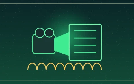 Ilustración editorial de un proyector de cine verde iluminando una pantalla musical