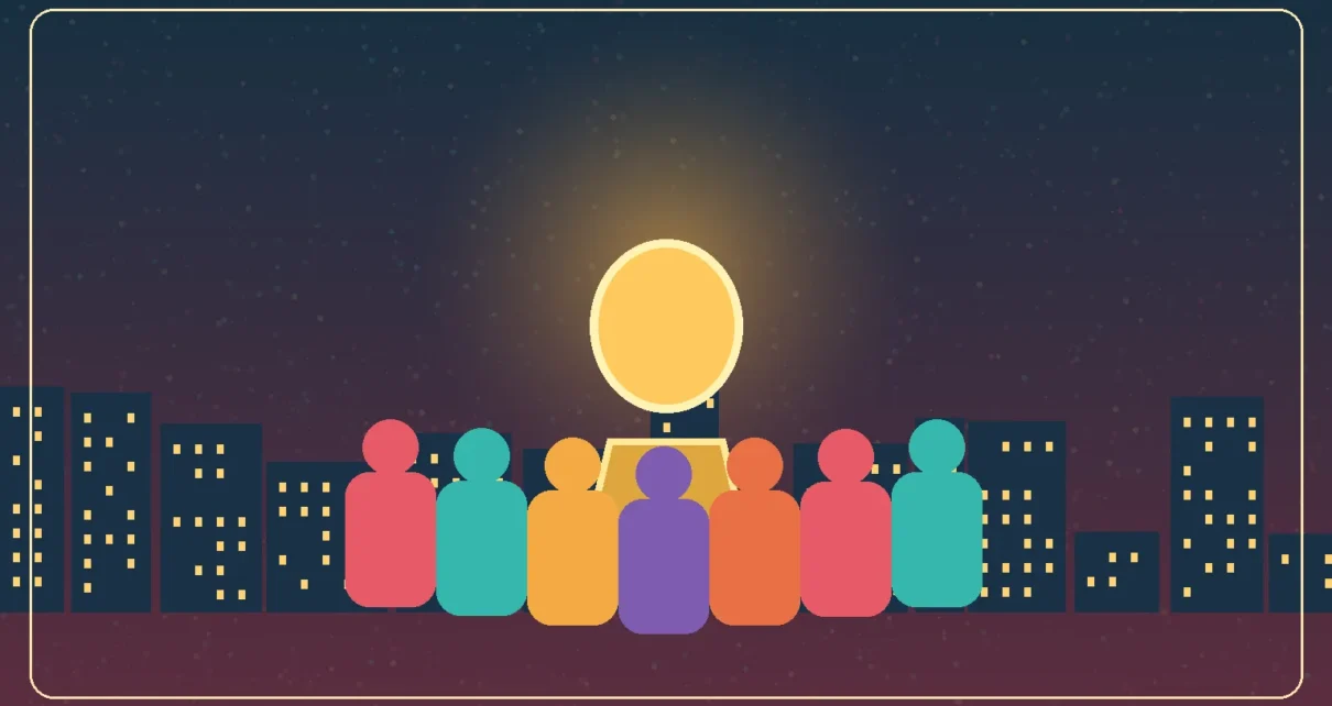 Ilustración editorial de una comunidad latina reunida alrededor de un reconocimiento dorado
