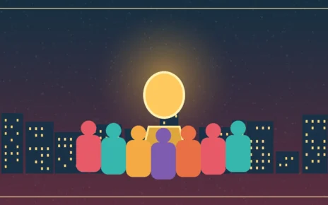 Ilustración editorial de una comunidad latina reunida alrededor de un reconocimiento dorado