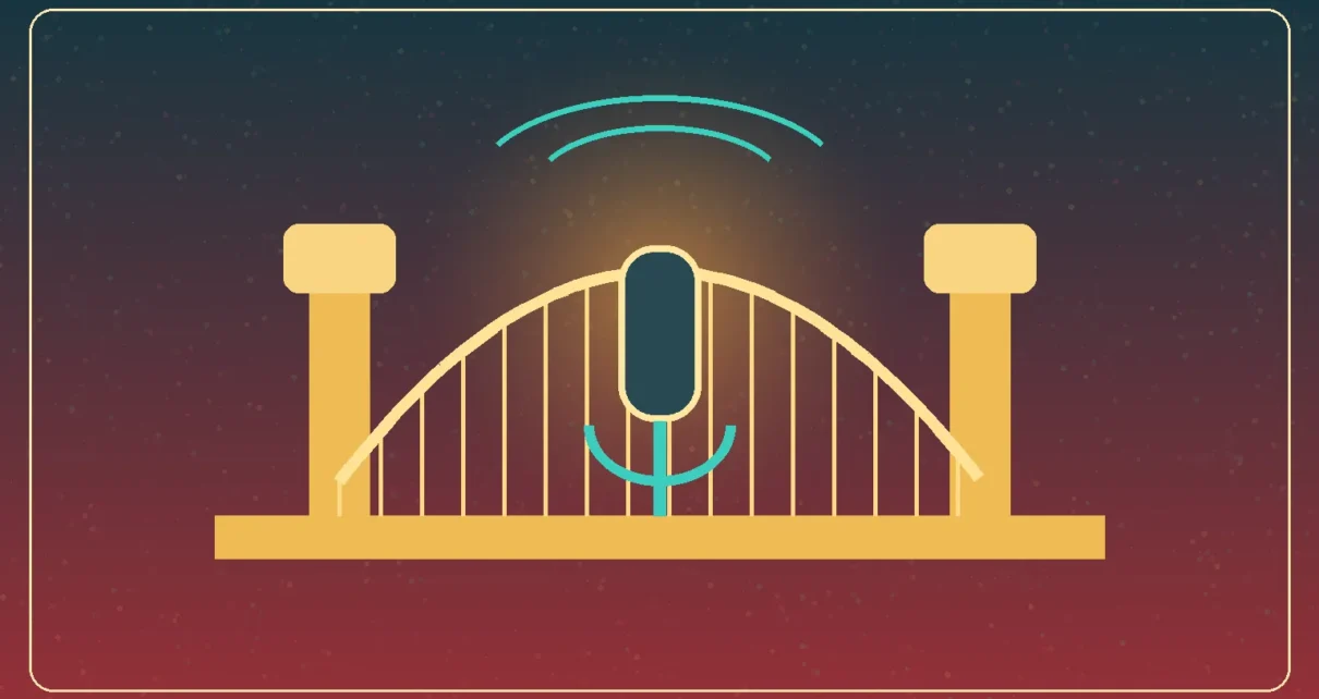 Ilustración editorial de un micrófono sobre un puente musical entre México y Estados Unidos