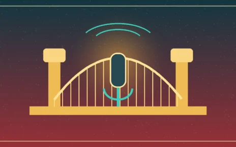 Ilustración editorial de un micrófono sobre un puente musical entre México y Estados Unidos