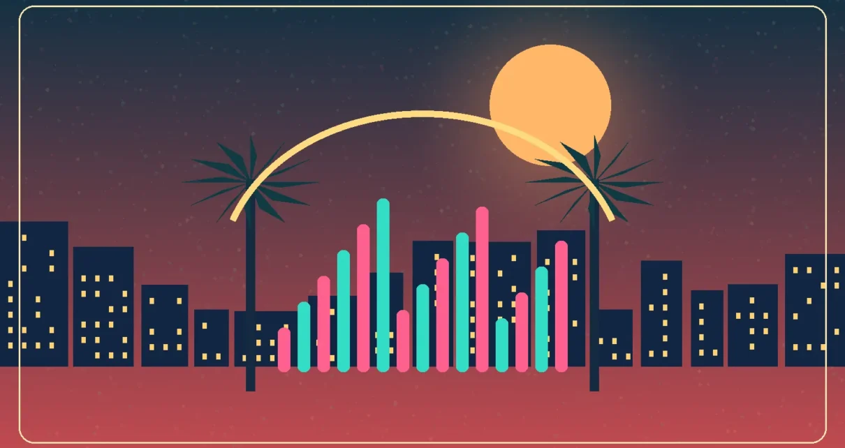 Ilustración editorial de un escenario musical frente al horizonte tropical de Miami