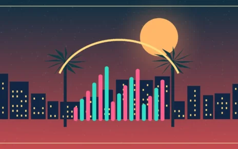 Ilustración editorial de un escenario musical frente al horizonte tropical de Miami