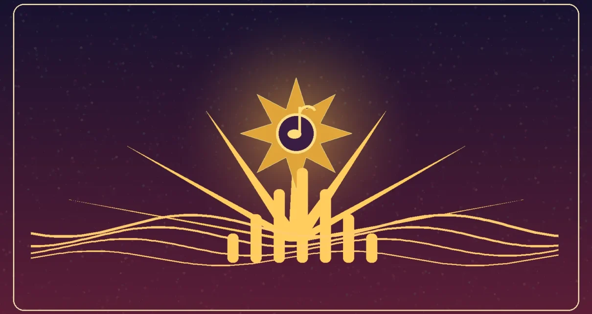 Ilustración editorial de un gramófono dorado rodeado de ondas musicales y luces de gala