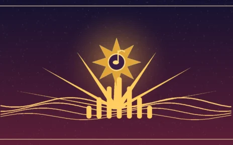 Ilustración editorial de un gramófono dorado rodeado de ondas musicales y luces de gala