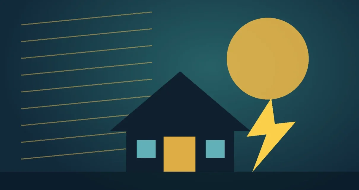 Ilustración de una casa con un rayo de electricidad y líneas de energía