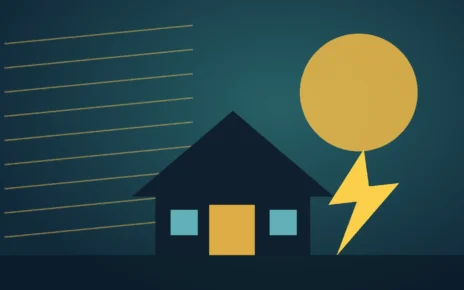 Ilustración de una casa con un rayo de electricidad y líneas de energía