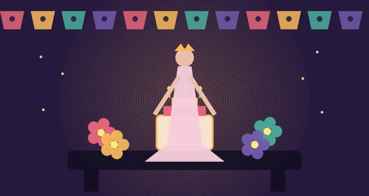 Ilustración de una quinceañera junto a un pastel, flores y decoración festiva