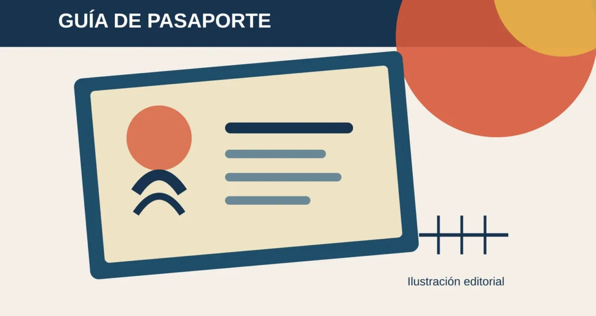 Ilustración de una libreta de pasaporte junto a documentos de viaje