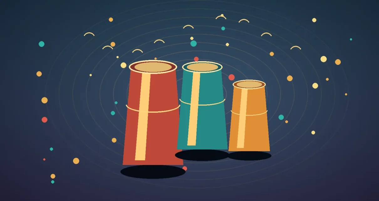 Ilustración editorial de tres tambores de percusión abstractos en colores rojo, turquesa y naranja