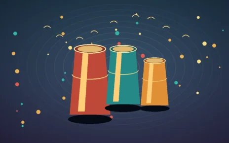 Ilustración editorial de tres tambores de percusión abstractos en colores rojo, turquesa y naranja