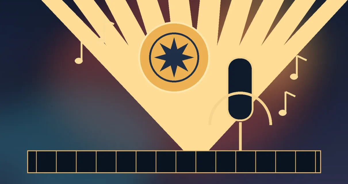 Medalla dorada y micrófono sobre un escenario abstracto para representar un reconocimiento musical