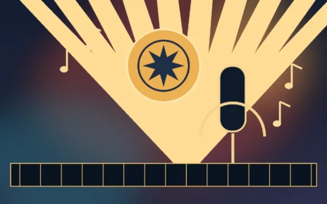 Medalla dorada y micrófono sobre un escenario abstracto para representar un reconocimiento musical