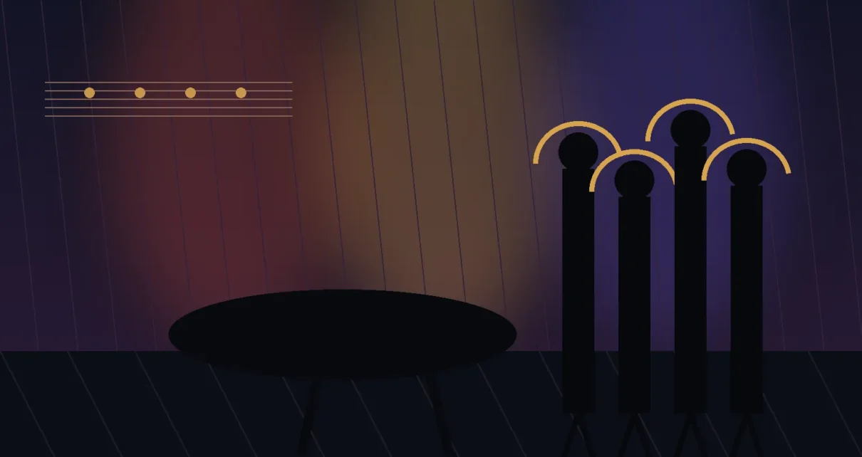 Ilustración editorial de un escenario con piano y músicos de una banda de salsa bajo luces de concierto