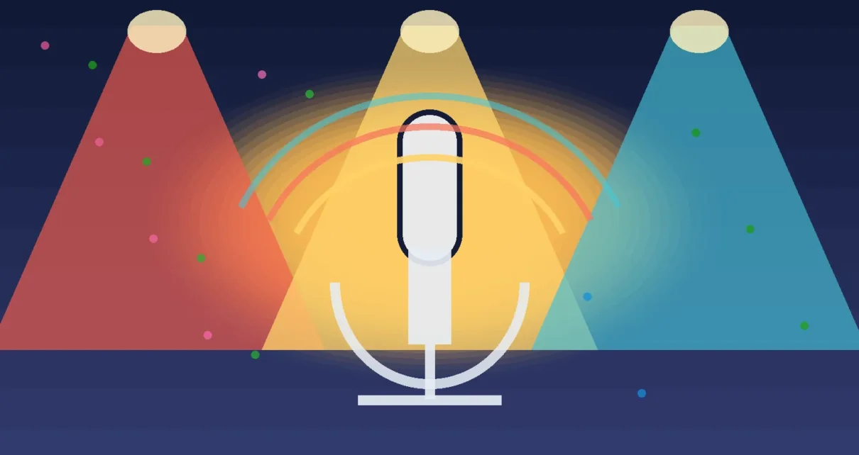 Ilustración editorial de un micrófono en un escenario televisivo con luces de colores